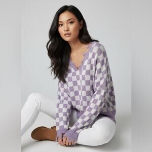 Just Polly NYC Purple Checkered Distressed V-Neck Sweater Frayed Hem